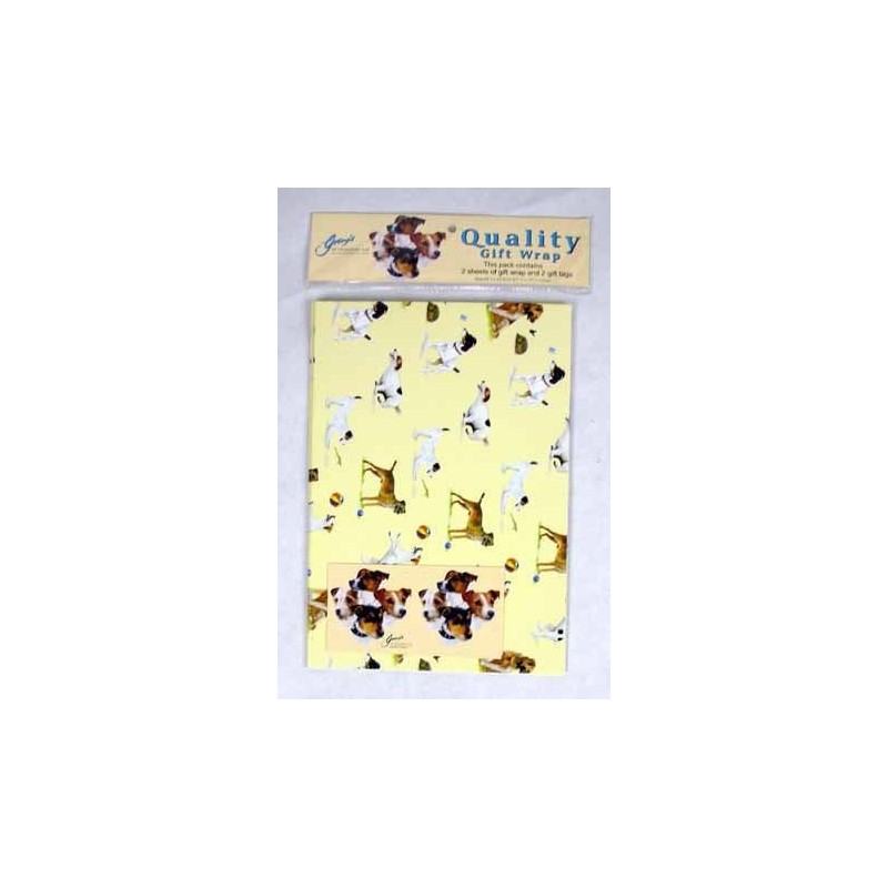 PAPIER CADEAUX LUXE MOTIF JACK RUSSEL(2feuilles + cartes)