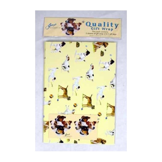 PAPIER CADEAUX LUXE MOTIF JACK RUSSEL(2feuilles + cartes)