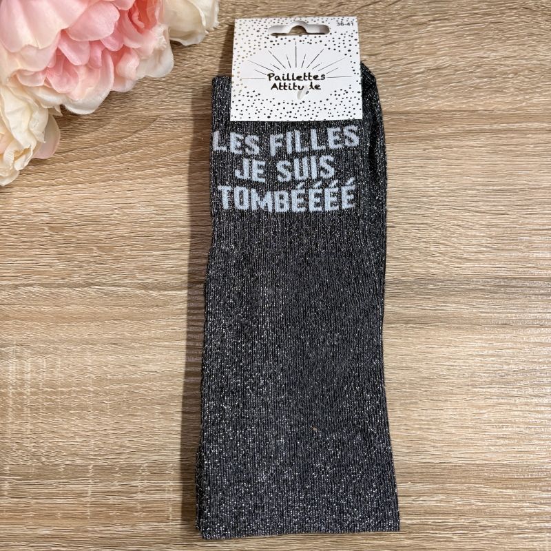 Chaussettes à paillettes équitation - Les filles, j'suis tombeeee - Paillettes Attitude
