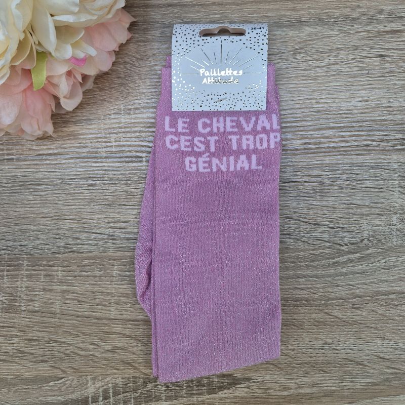 Chaussettes à paillettes équitation - Le cheval c'est trop génial - Paillettes Attitude