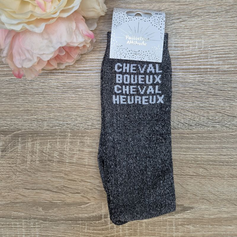 Chaussettes à paillettes équitation - Cheval Boueux, Cheval Heureux - Paillettes Attitude 