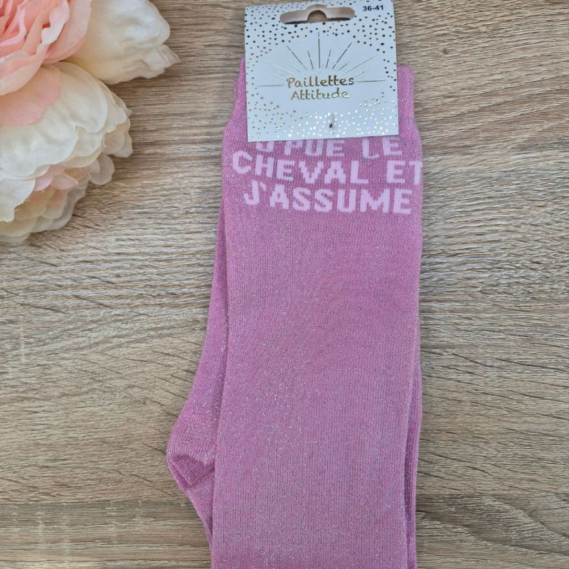 Chaussettes à paillettes équitation - J'pue le cheval et j'assume - Paillettes Attitude