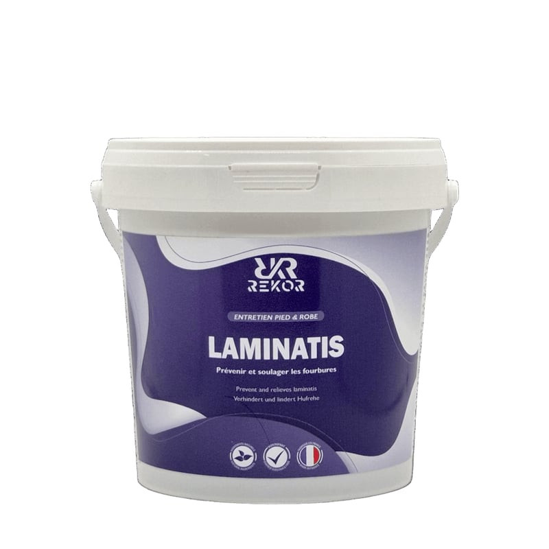 REKOR LAMINATIS complément fourbure cheval en seau blanc avec étiquette violette, marque VR, texte s
