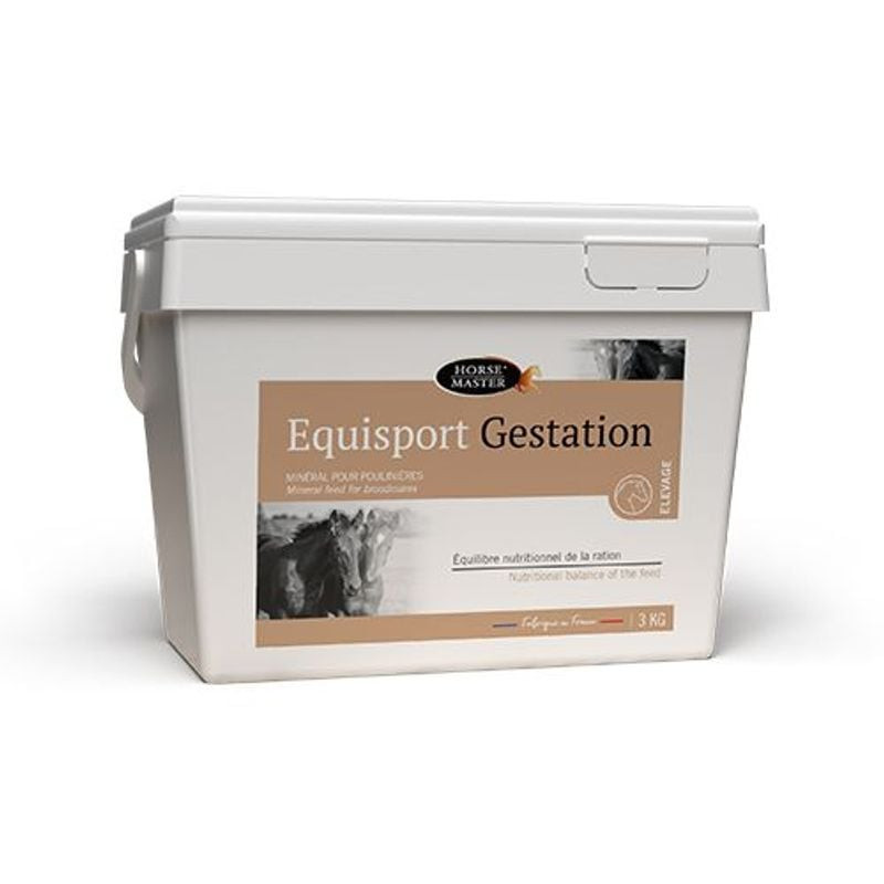 Seau blanc 3kg Equisport Gestation, vue de face avec étiquette montrant équilibre nutritionnel et im
