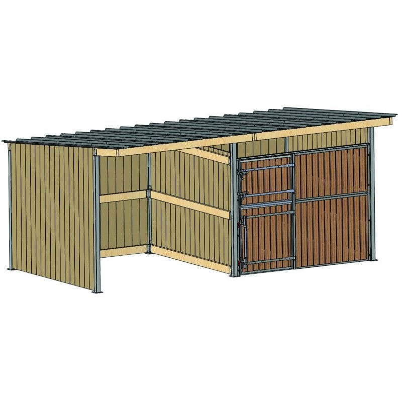 Ensemble abri et box pour chevaux La Gée 6x3m avec toit monopente, bardage en douglas et poteaux en 
