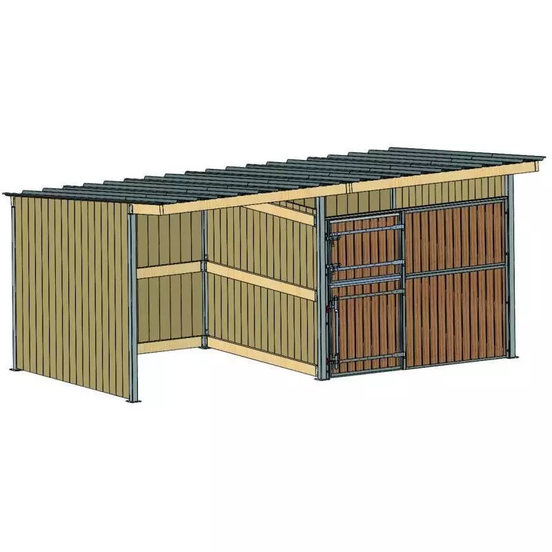 Ensemble abri et box pour chevaux La Gée 6x3m avec toit monopente, bardage en douglas et poteaux en 