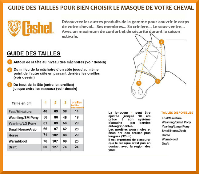 Guide tailles masques anti-mouches Quiet Ride Cashel