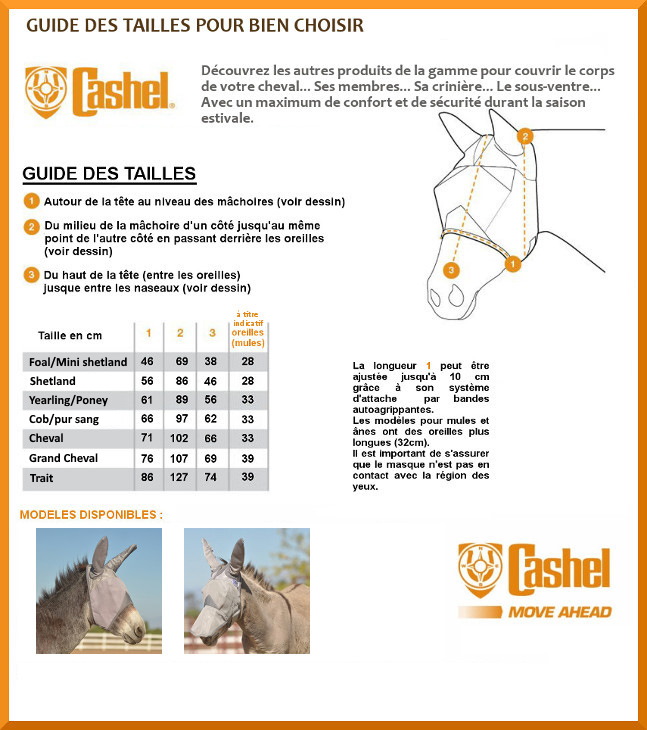 Guide des tailles masques anti-mouches intégral Cursader âne Cashel - Equestra