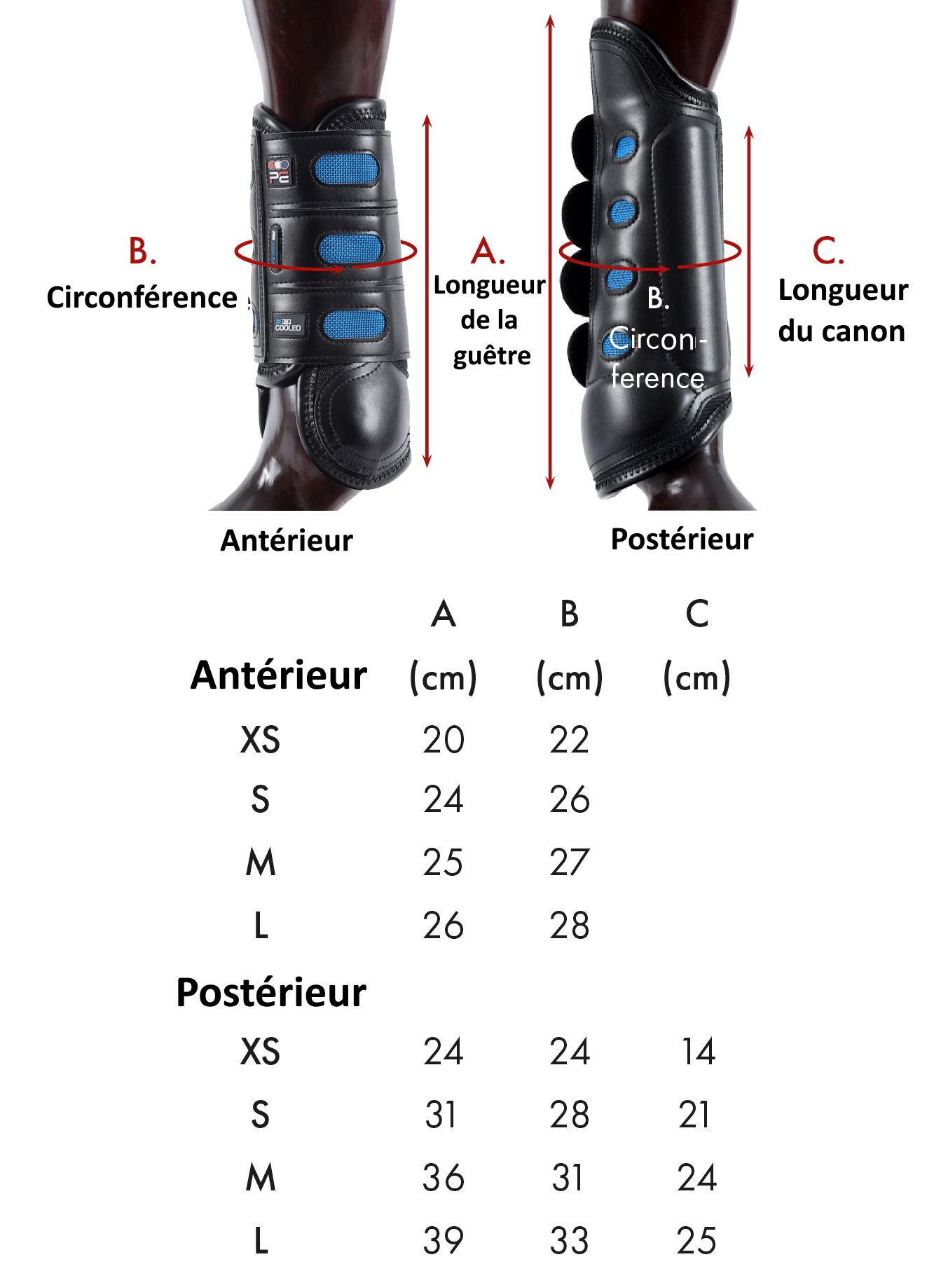 Guide des tailles guêtres de cross Air Cooled Original Premier Equine - Equestra