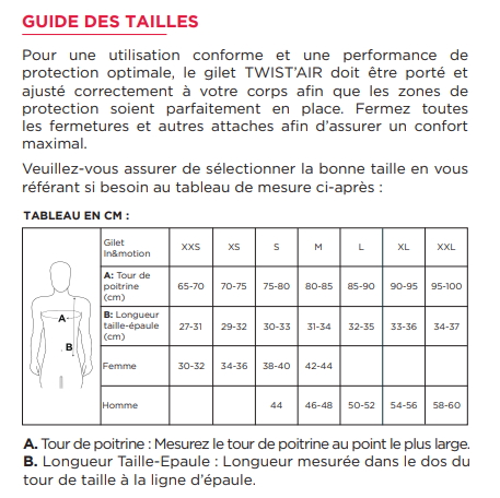 Guide des tailles gilet airbag Twist Air Horse Pilot - Equestra