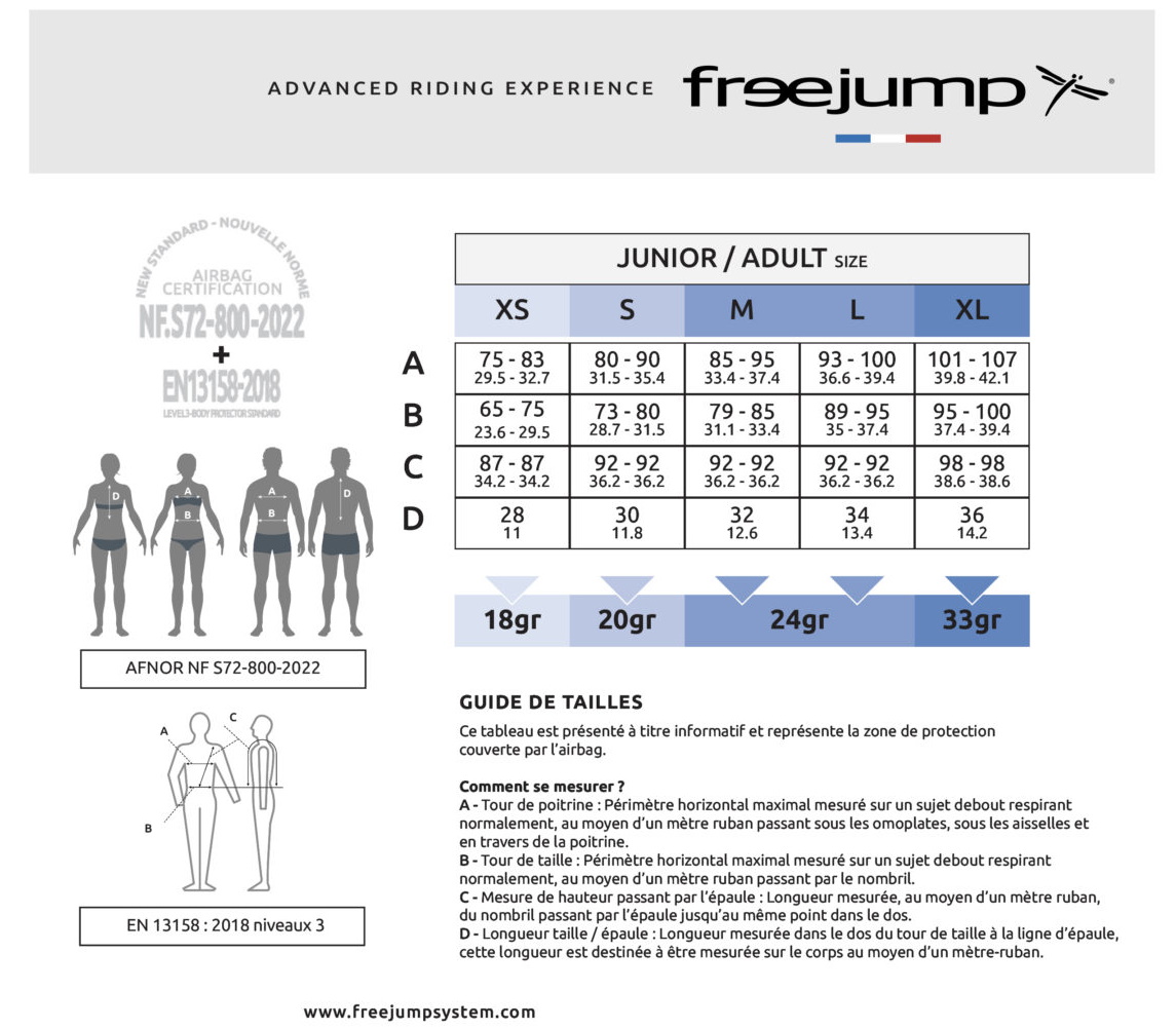 Guide des tailles gilet airbag X'Air Safe Freejump - Equestra